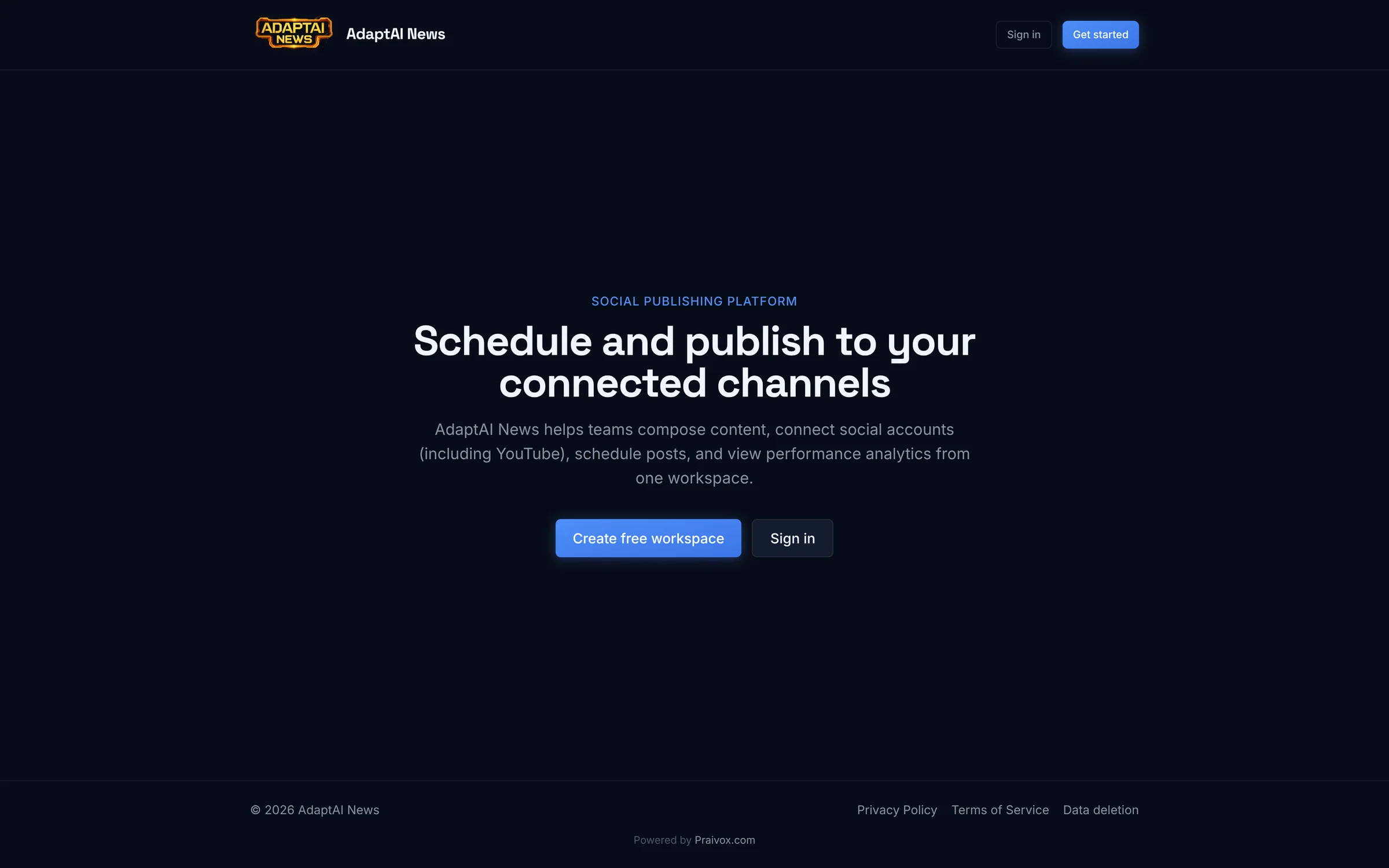 AdaptAI News landing page: schedule and publish to your connected channels