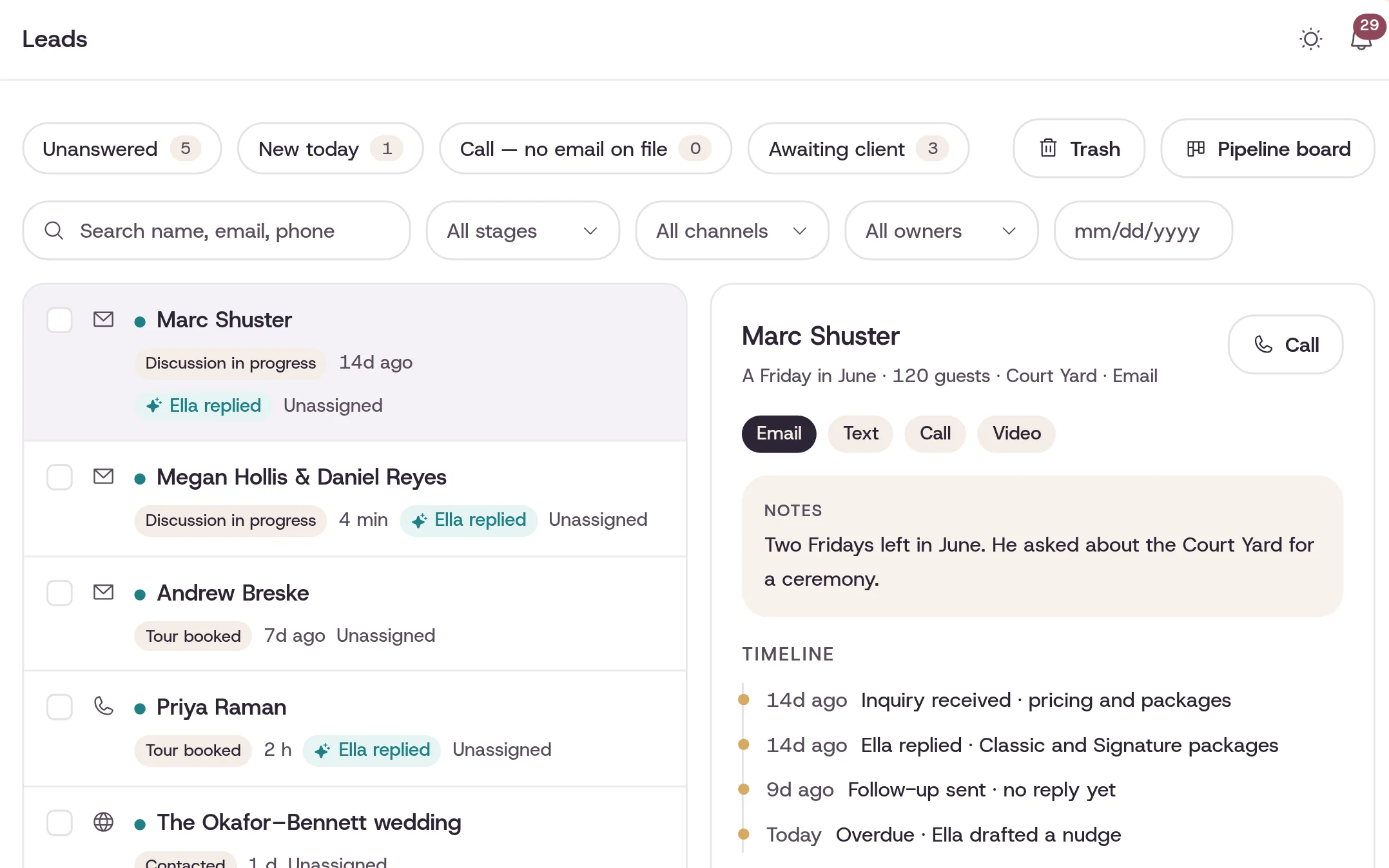 AlphaVenue AI leads view: a lead's notes beside a timeline of the replies the assistant sent