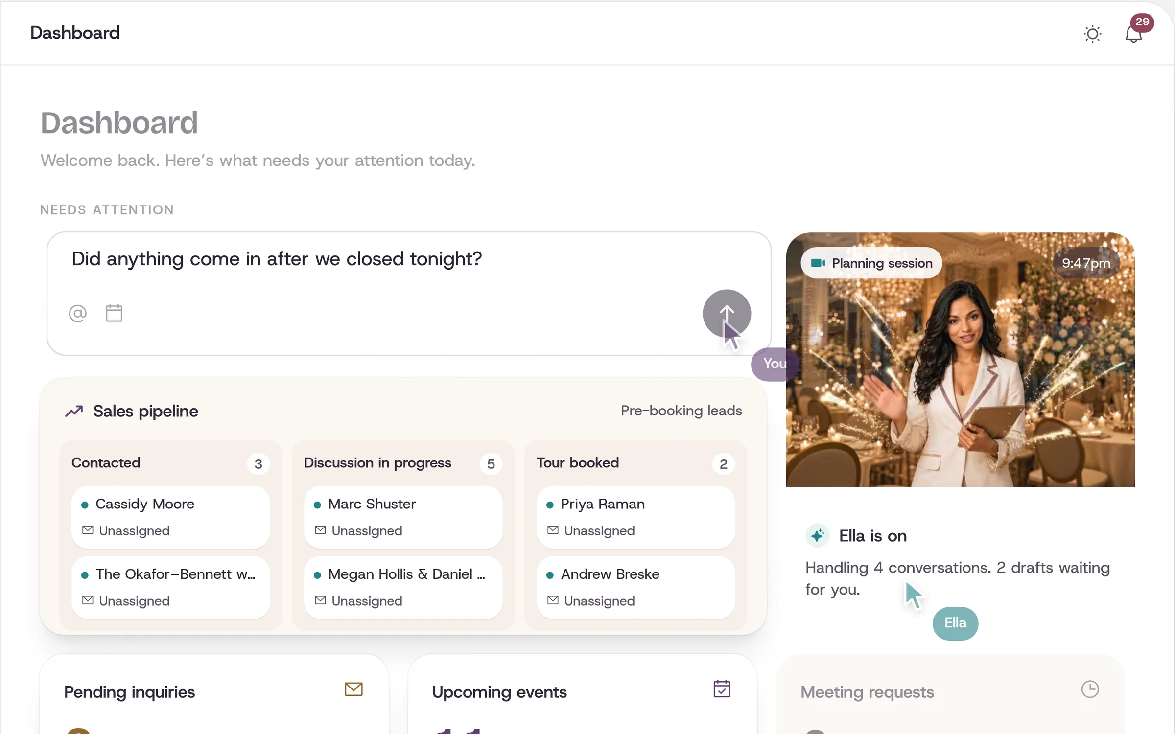 AlphaVenue AI dashboard: a sales pipeline, pending inquiries and the AI assistant handling conversations
