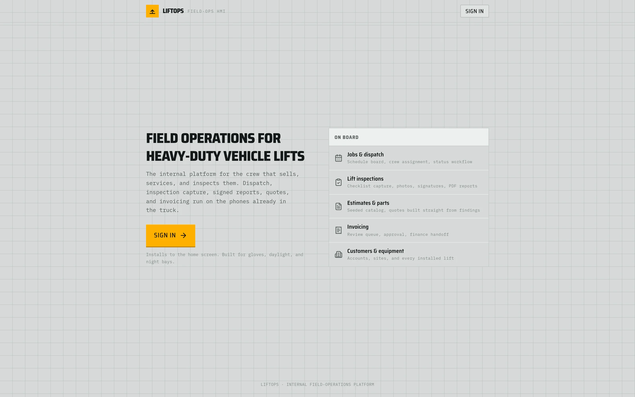 LiftOps sign-in screen listing jobs, inspections, estimates, invoicing and equipment