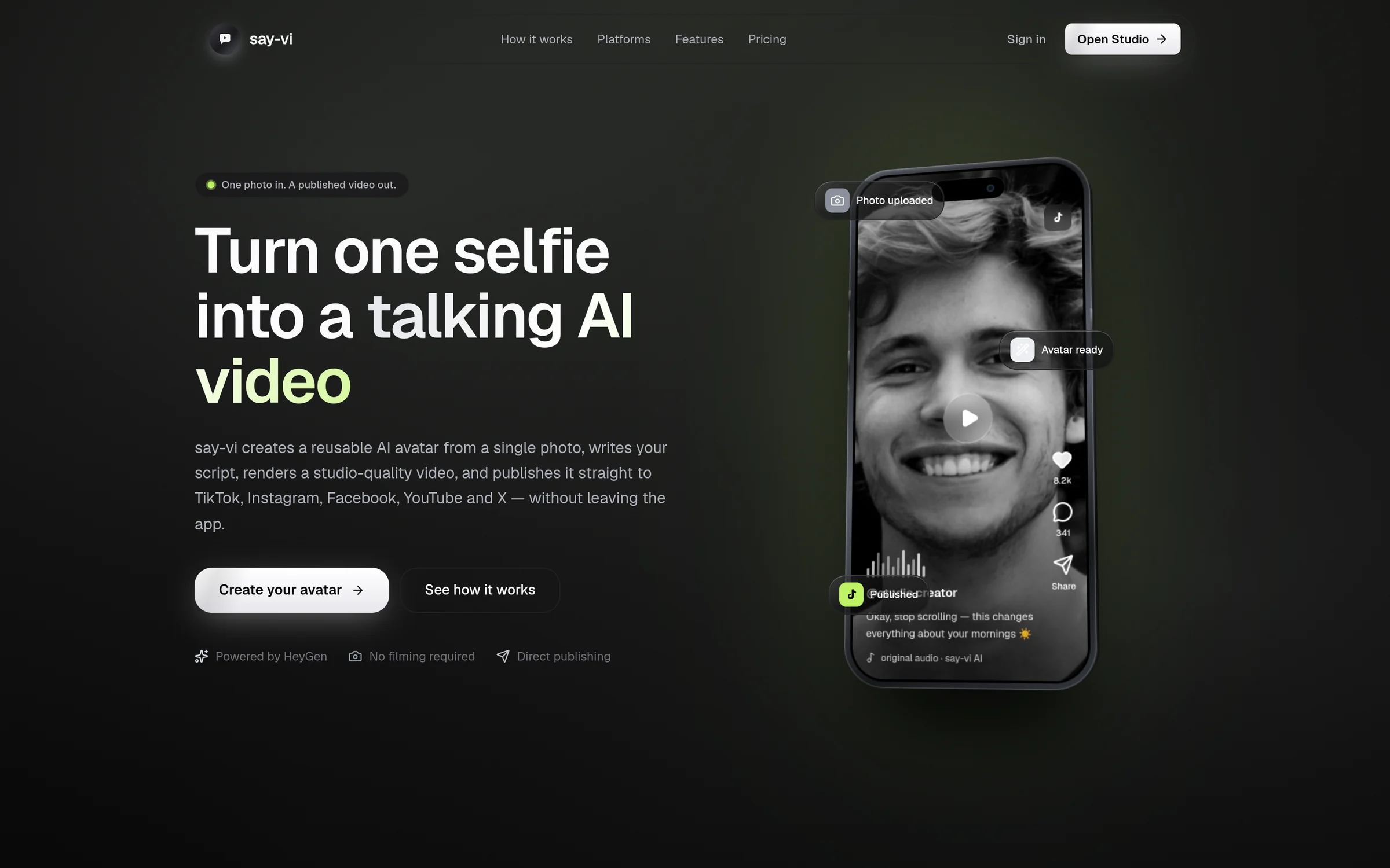 Sayvi landing page: a phone showing a talking AI avatar video ready to publish