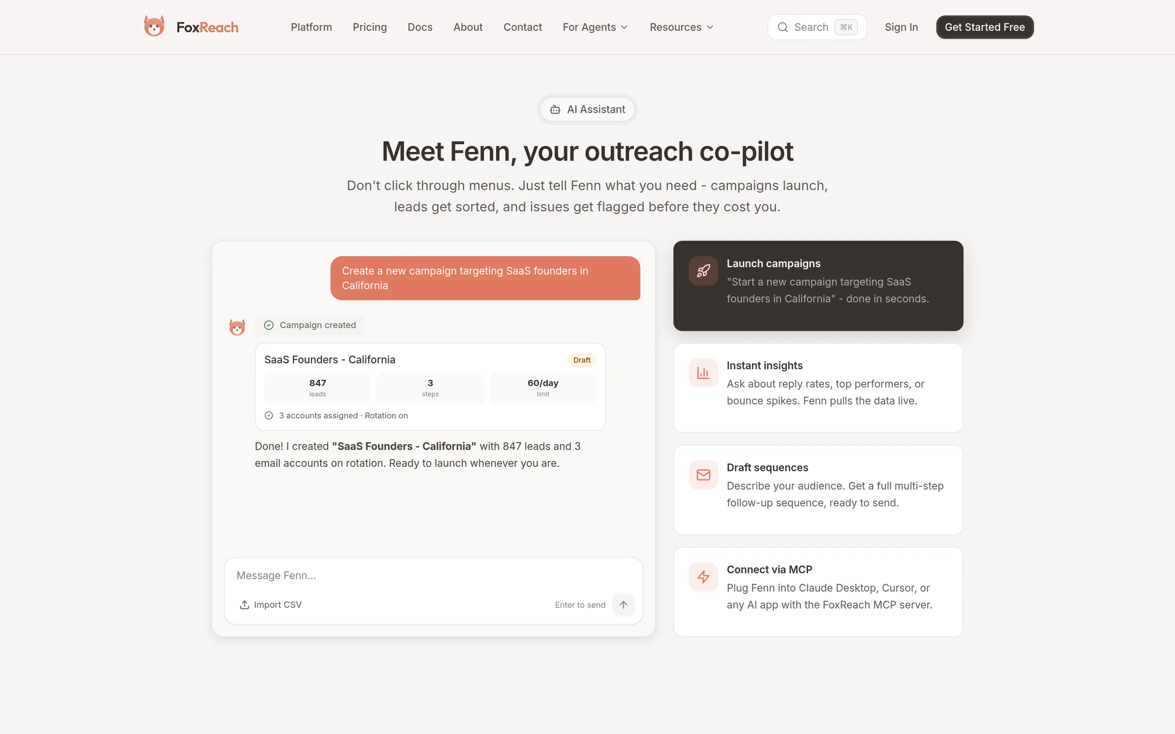 Fenn, the FoxReach outreach co-pilot, launching a campaign from a prompt