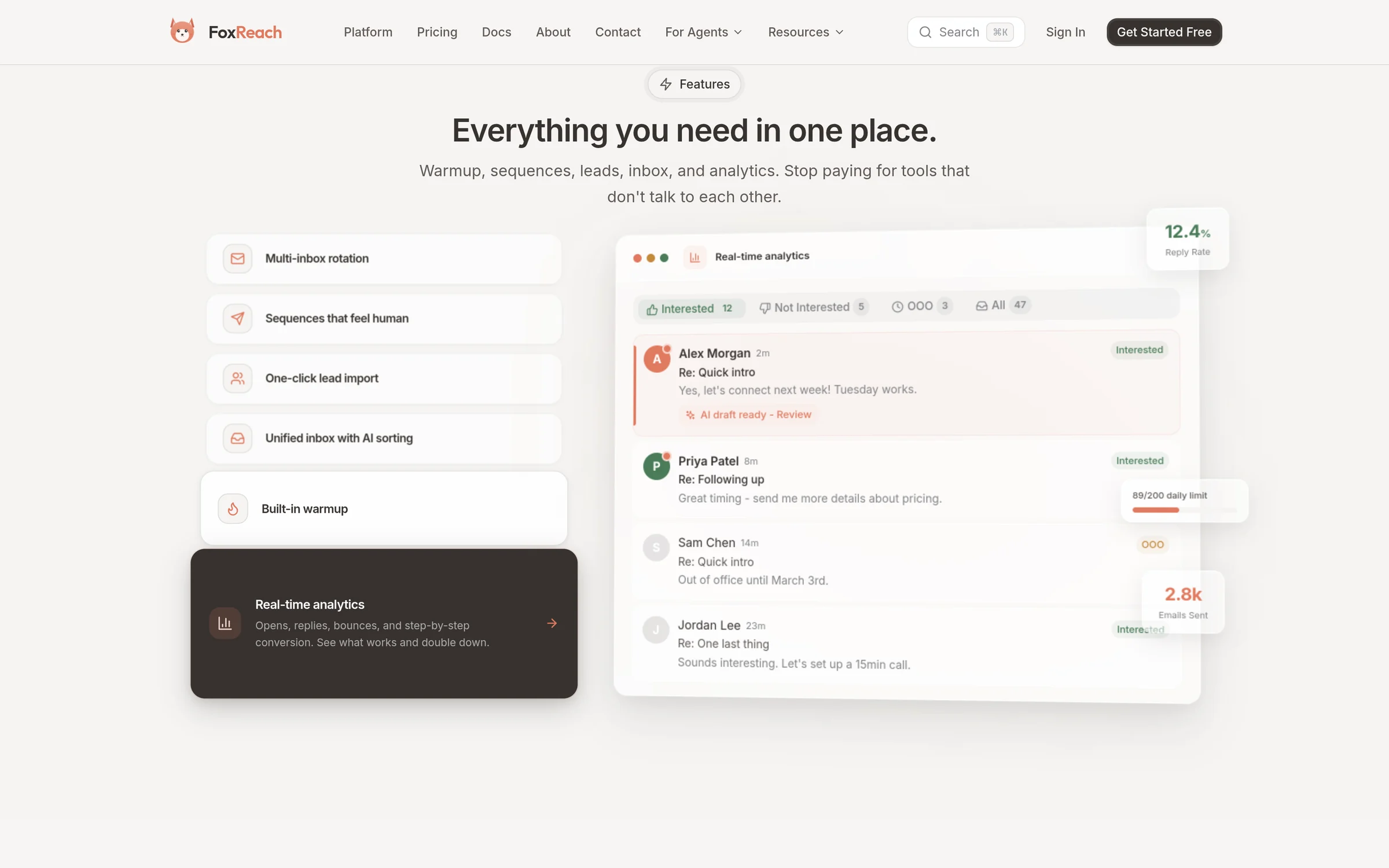 FoxReach feature tour showing the unified inbox with replies sorted by AI